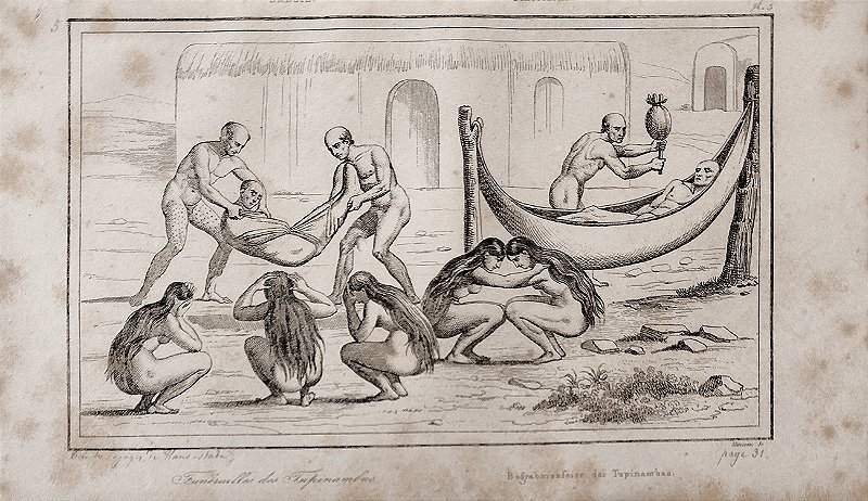 Brasil Império - Indios - Gravura original de 1837 titulada Funerais de Tupinambás - 240423