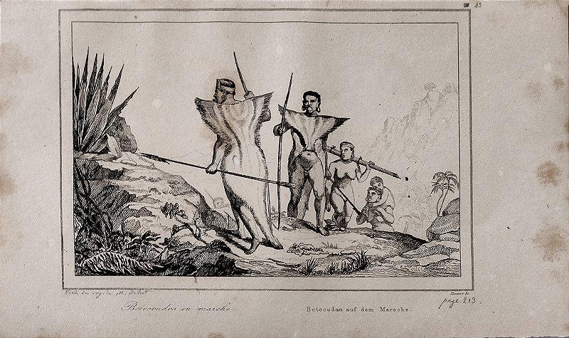 Brasil Império - Indios – Gravura original de 1837 titulada Botocudos em Marcha - 240423