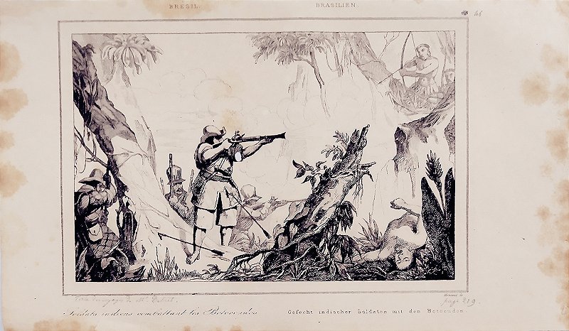 Brasil Império - Índios - Gravura original de 1837 titulada Soldados índios lutando contra os Botocudos - 240423