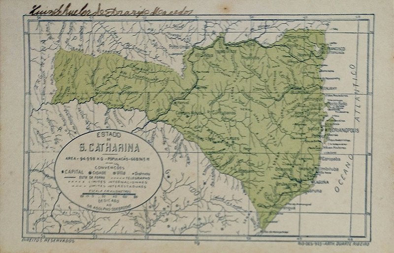 Santa Catarina - Mapa do Estado - Cartão Postal Antigo Original
