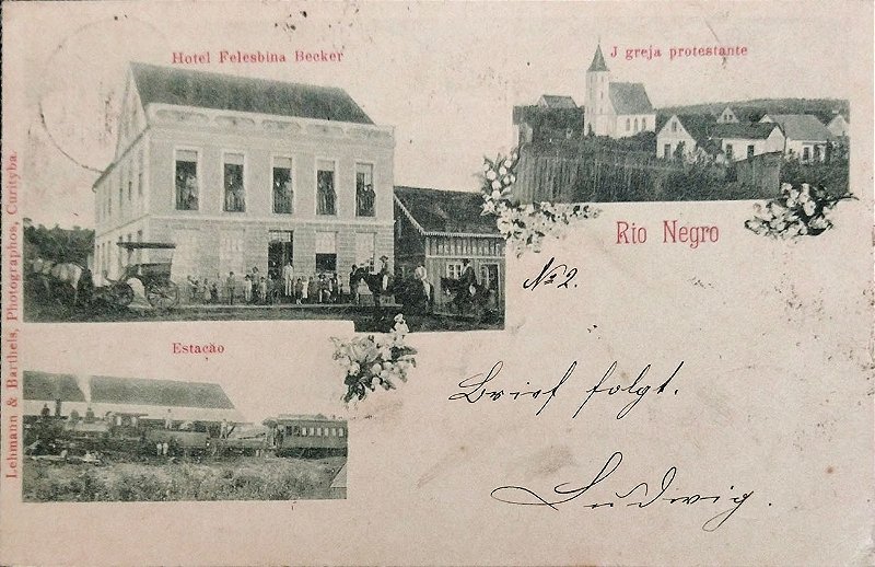 Paraná - Rio Negro, Multiview Estação de Trem, Hotel e Igreja - Raro Cartão Postal Antigo Original, 1902