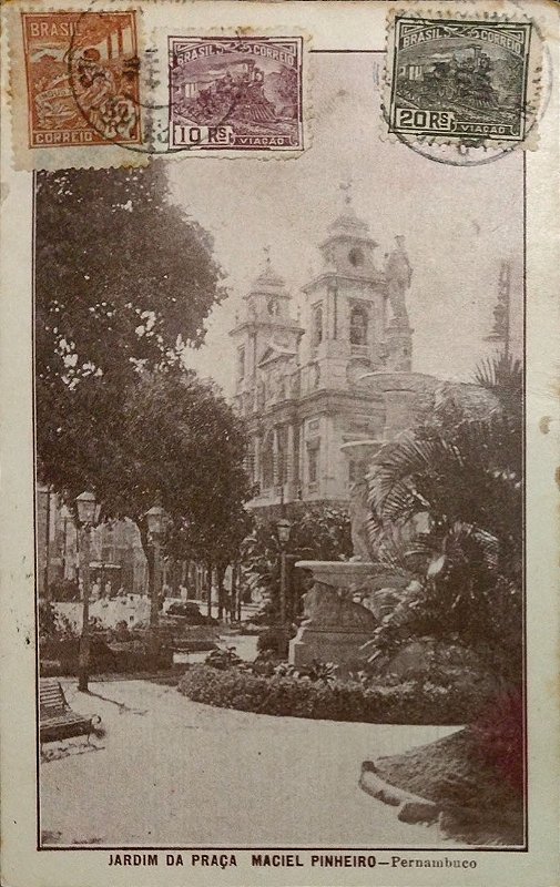 Pernambuco - Recife, Jardim da Praça Maciel Pinheiro - Cartão Postal Antigo Original, Circulado em 1926
