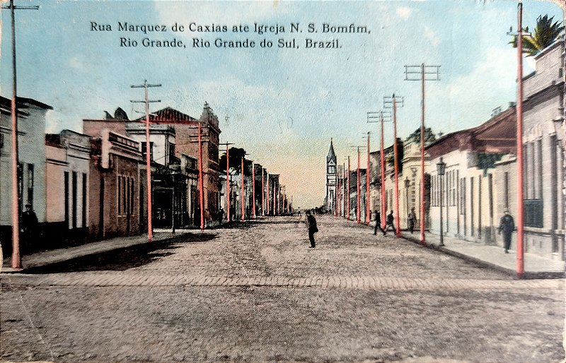 Rio Grande, RS - Rua Mq. de Caxias até Igreja do Bonfim -  Cartão Postal Antigo Original, Circulado 1928