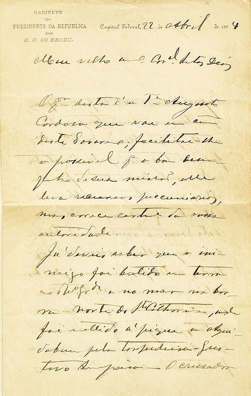 FLORIANO PEIXOTO - Carta de 1894, Escrita e Assinada de Próprio Punho, Revolução Federalista ou Guerra da Degola
