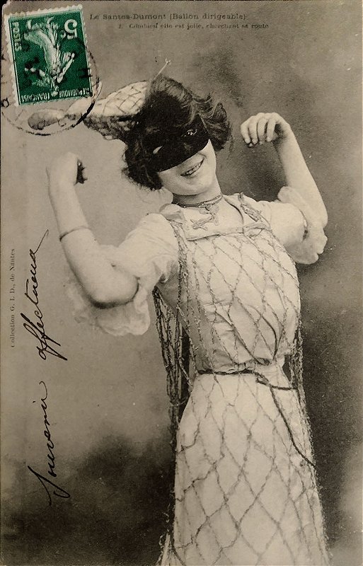 Santos Dumont - Colombina com Chapéu no Formato do Balão Dirigível, Cartão postal antigo original