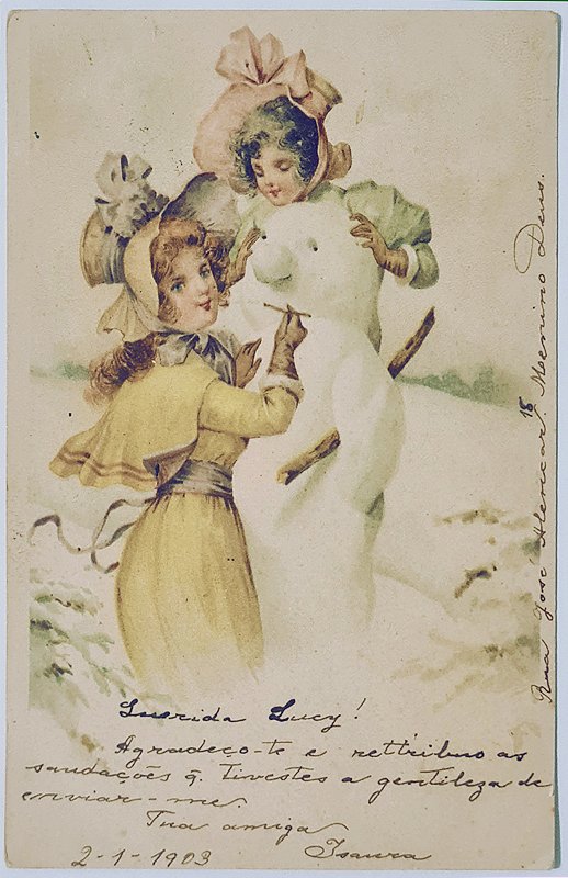 Cartão Postal Antigo Original Ilustrado - Moças Fazendo Boneco de Neve, 1903
