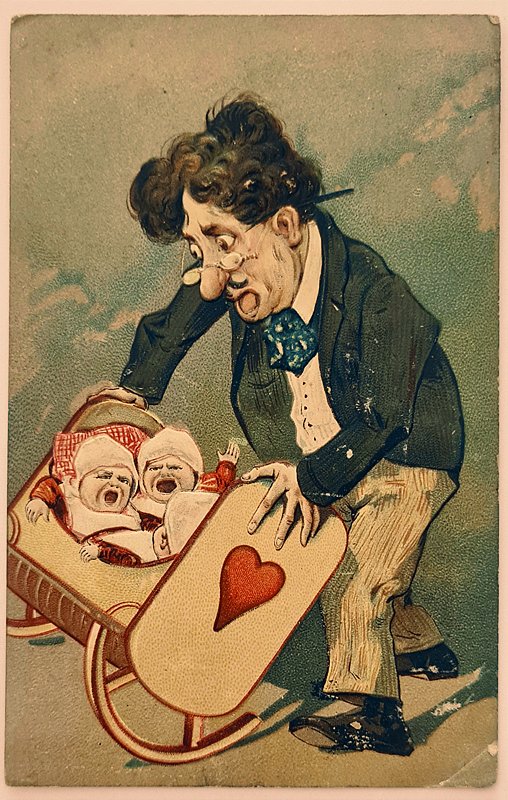 Cartão Postal Antigo Ilustrado com Relevo - Humor, Homem Cuidando de Bebês, Circulado 1906
