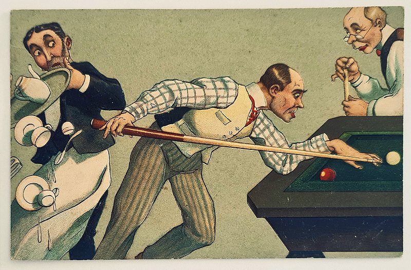 Cartão Postal Antigo Ilustrado com Relevo - Humor, Homem Jogando Sinuca, Não Circulado