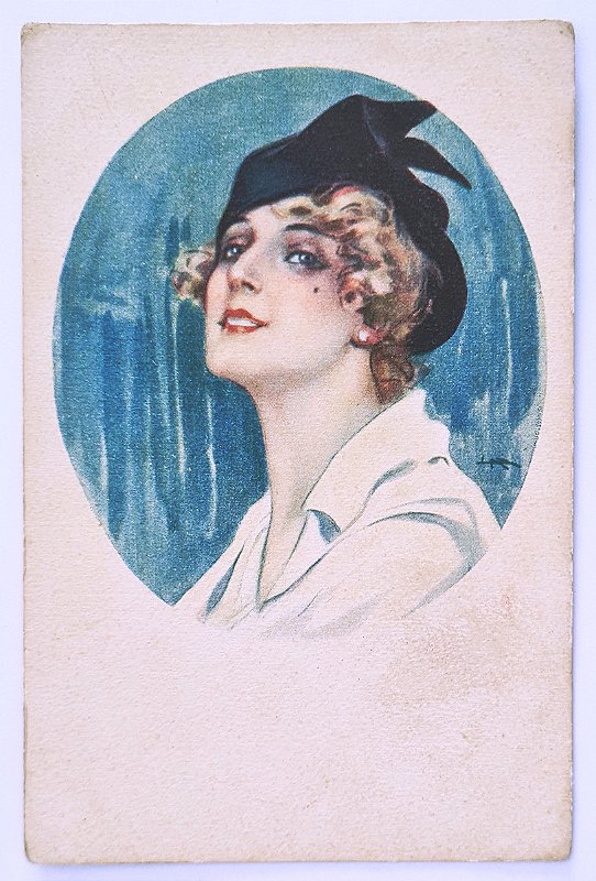 Cartão Postal Antigo Ilustrado  - Jovem Mulher Usando Chapéu