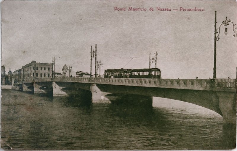 Pernambuco - Recife, Bonde sobre Ponte Maurício de Nassau - Cartão Postal Antigo Original