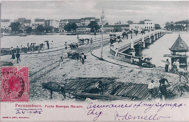 Pernambuco - Recife, Ponte Buarque de Macedo, Pessoas e Carroças - Cartão Postal Antigo Circulado em 1904
