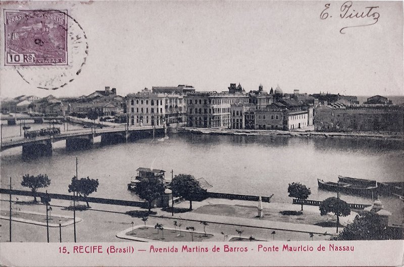 Pernambuco - Recife, Av. Martins de Barros, Ponte Maurício de Nassau - Cartão Postal Antigo 1905