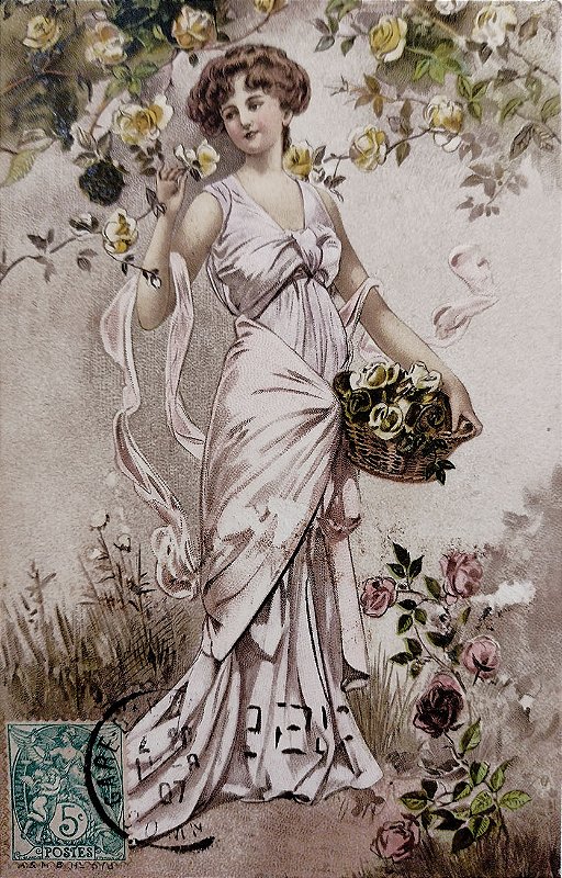 Cartão Postal Antigo Ilustrado, Art Nouveau  - Jovem Mulher com Cesto de Flores