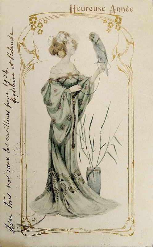 Cartão Postal Antigo Ilustrado, Art Nouveau  - Jovem Mulher com Pássaro