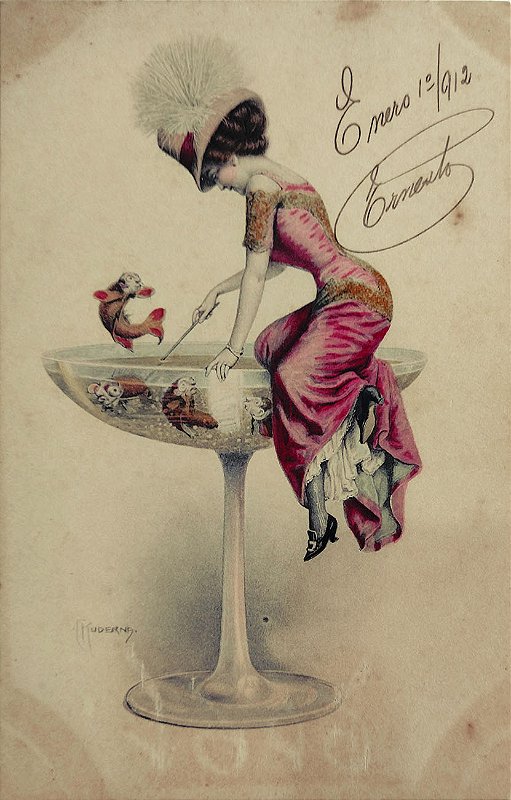 Cartão Postal Antigo Ilustrado, Art Nouveau  - Jovem Mulher com Chapéu à Beira de uma Taça com Peixes