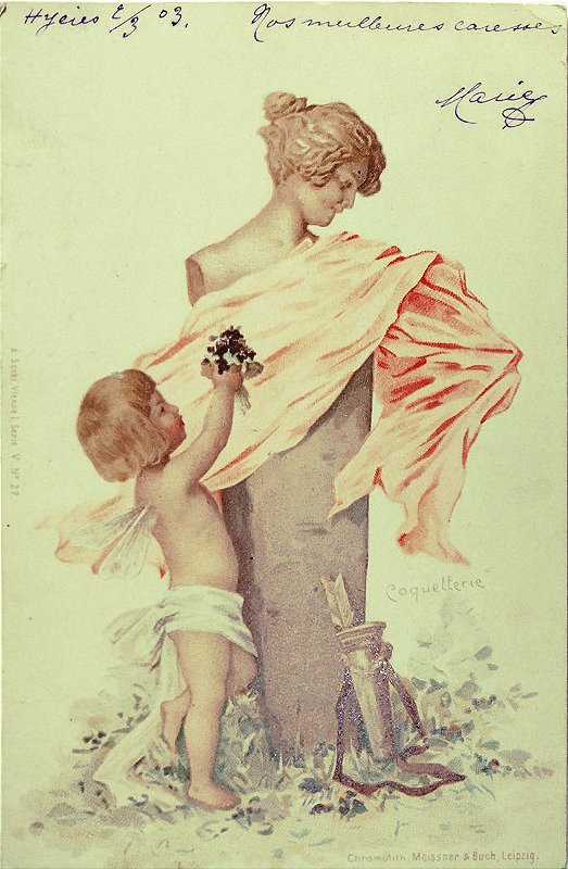 Cartão Postal Antigo Ilustrado, Art Nouveau  - Coquellerie, Cupido Cortejando Busto Feminino