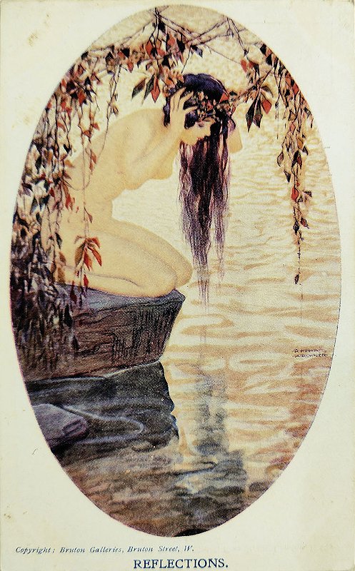 Raphael Kirchner - Reflections - Cartão Postal Antigo Ilustrado, Art Nouveau , Mulher Nua Refletida na Água