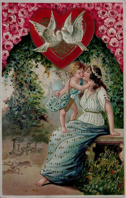 Cartão Postal Antigo Ilustrado, com Relevos, Mulher com Cupido