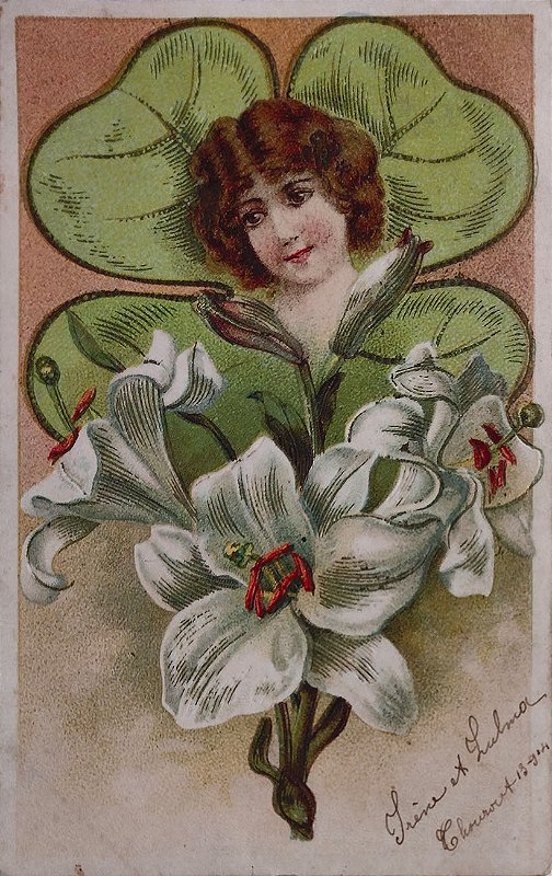Cartão Postal Antigo Ilustrado, com Relevos, Rosto de Mulher em Buque de Flores