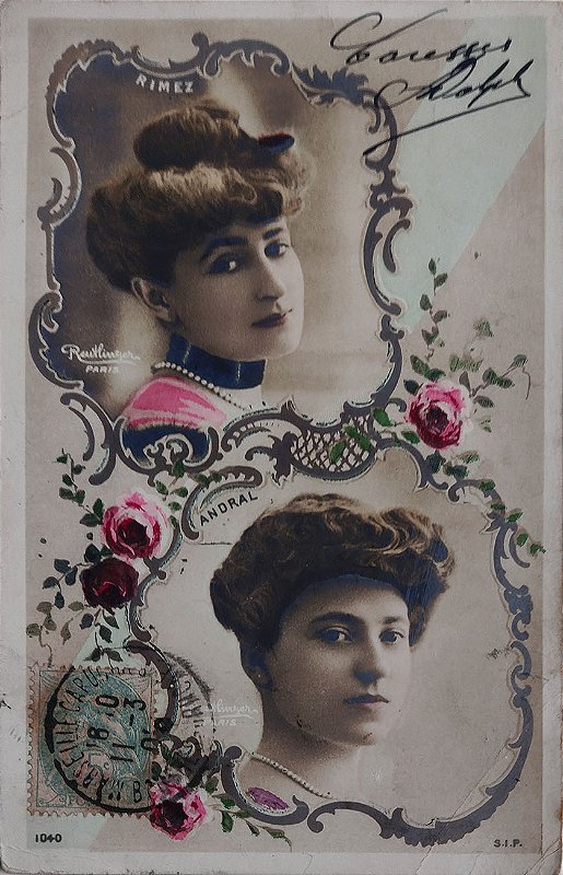 Rimez e Andral, Atrizes Francesas de Teatro de Variedades, Cartão Postal Antigo, Circulado 1903