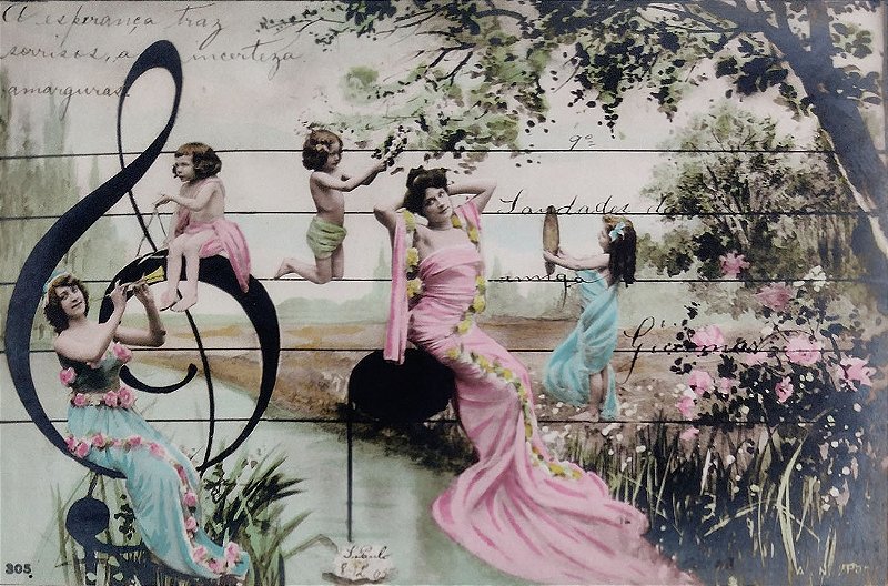 Partitura Musical com Mulheres Dando Suporte às Notas - Cartão Postal Antigo Original de 1906