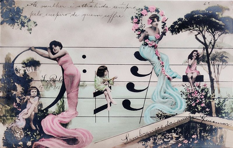 Partitura Musical com Mulheres em Meio às Notas - Cartão Postal Antigo Original de 1906