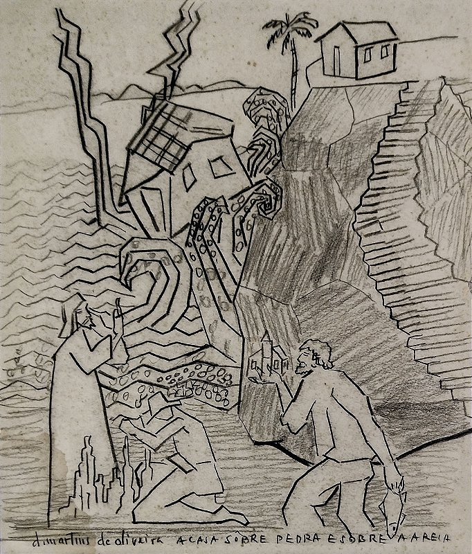 D. Martins de Oliveira - "A Casa Sobre Pedra e Areia", Desenho Original sobre Cartão, Assinado