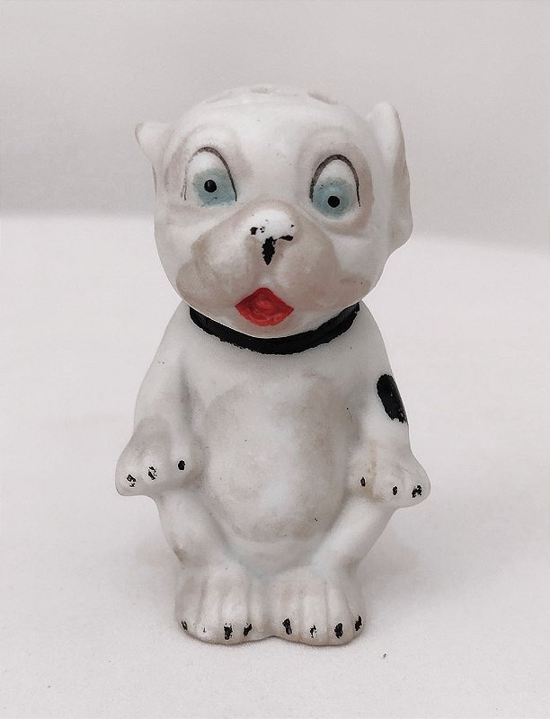 Saleiro em Porcelana Biscuit - Escultura Antiga, Figura de Cachorro Buldogue - Cãozinho Bonzo