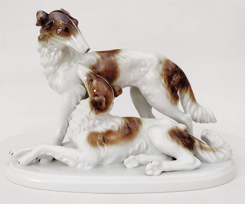 Casal de Cachorros Borzoi, Gerold Porcelana Alemã, Grupo Escultórico, Escultura Antiga Numerada