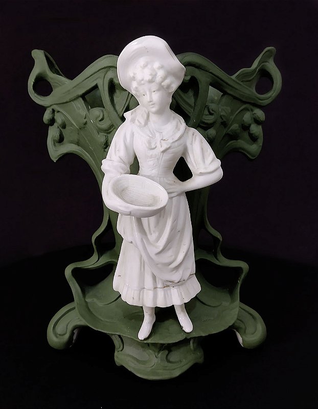 Vaso Art Nouveau com Mulher em Porcelana Biscuit  Francesa, Escultura Antiga Numerada