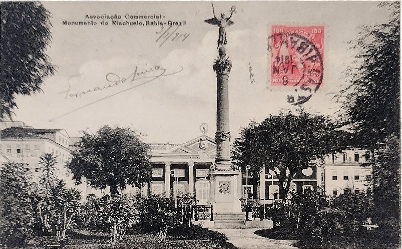 Bahia - Associação Comercial, Monumento do Riachuelo - Cartão Postal Antigo, Circulado 1914