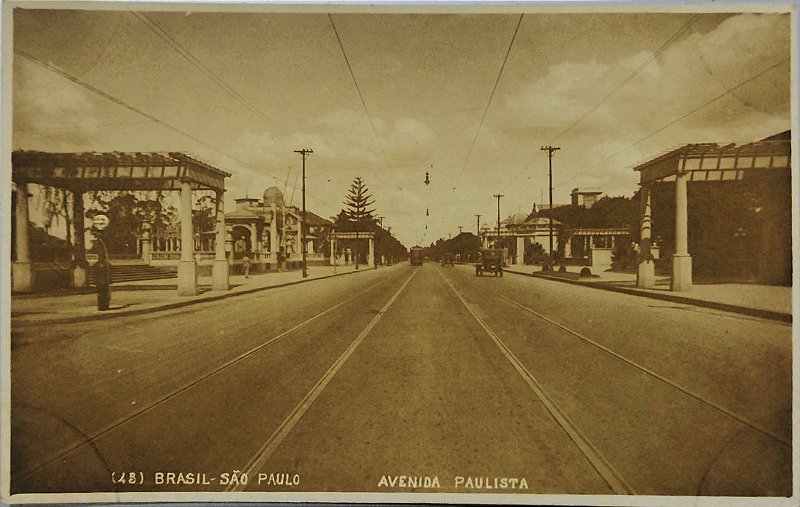 São Paulo - Av. Paulista (J), Bonde e Automóvel -  Cartão Postal Antigo Original