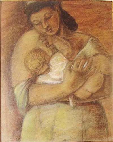 Yolanda Mohalyi - Maternidade, Pintura Pastel sobre Cartão C/ Certificado, Emoldurado