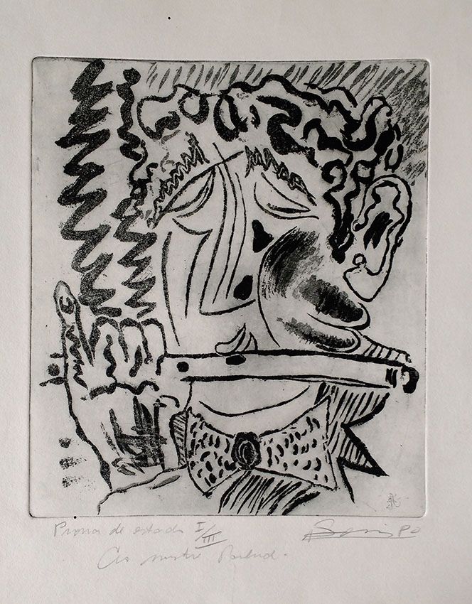 Boris Arrivabene - Gravura, Xilogravura Flautista, Prova de Artista, 1980
