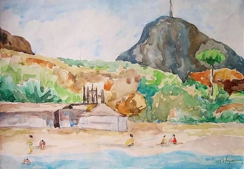 Clovis S. Figueiredo - Pintura, Aquarela S/ Papel Assinada, Praia no Rio de Janeiro