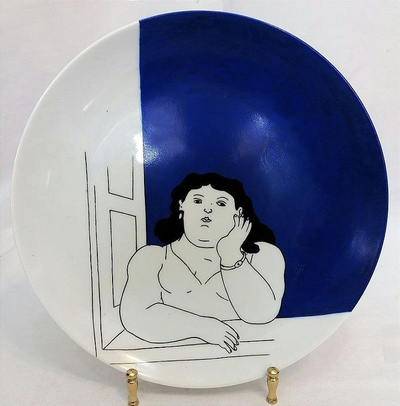 Maria Augusta Rebouças - Prato Decorado Pintado Mão, Azul, Botero