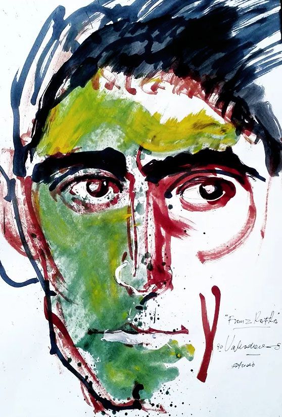 Edmund Valladares -  Arte, Quadro Pintura,  Kafka, Aquarela Assinada, 47x32cm