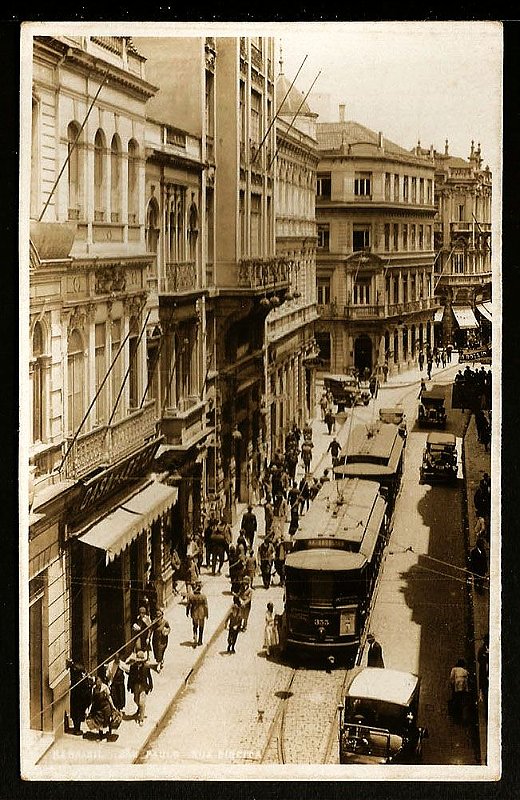 São Paulo - Cartão Postal Antigo Original, Rua Direita com Bondes, Carros e Pedestres