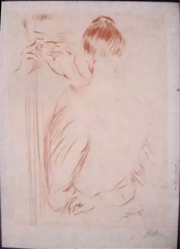 Paul Cesar Helleu - Arte Antiga em Gravura Original Assinada, Feminino no Espelho