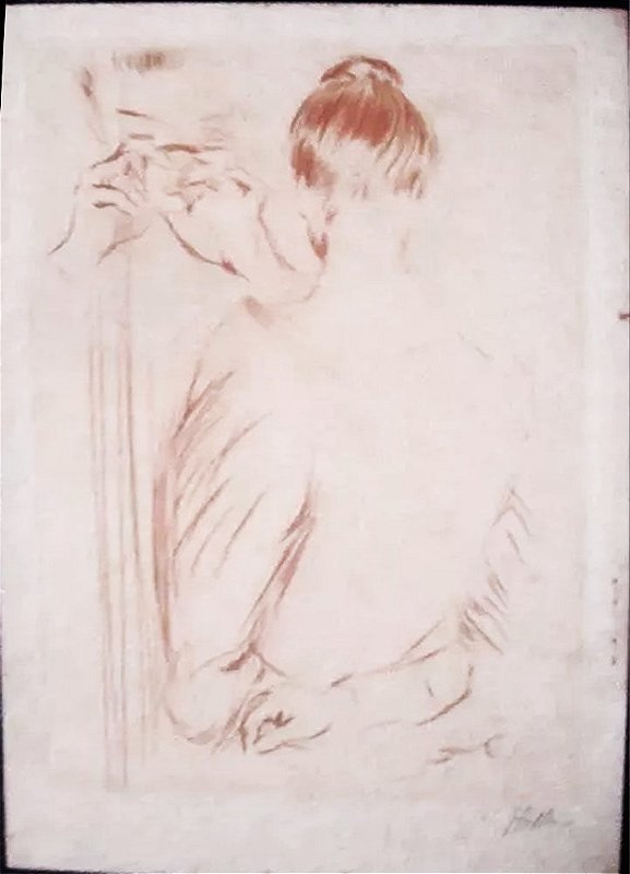 Paul Cesar Helleu - Arte Antiga em Gravura Original Assinada, Feminino no Espelho