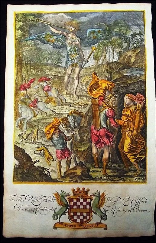 Pierre Lambert - Arte Antiga em Gravura Iluminura, Original de 1697, Dido e Enéias na Caverna