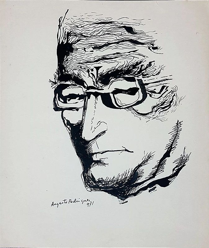 Augusto Rodrigues - Quadro, Arte em Desenho, Nanquim, Auto Retrato, de 1971