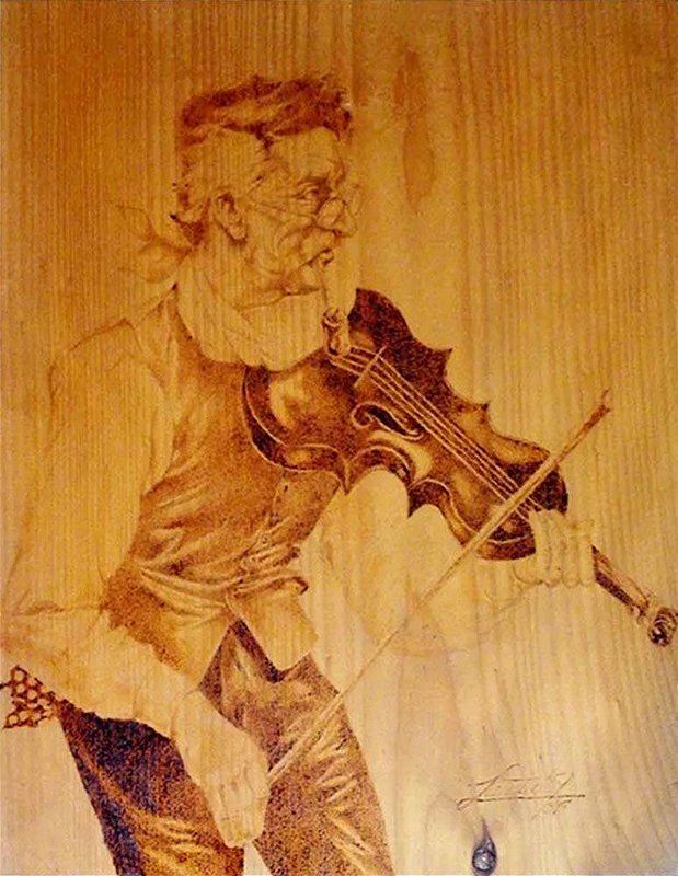 Quadro de Violinista Luthier, Arte em Pirogravura, de 1986, Assinado