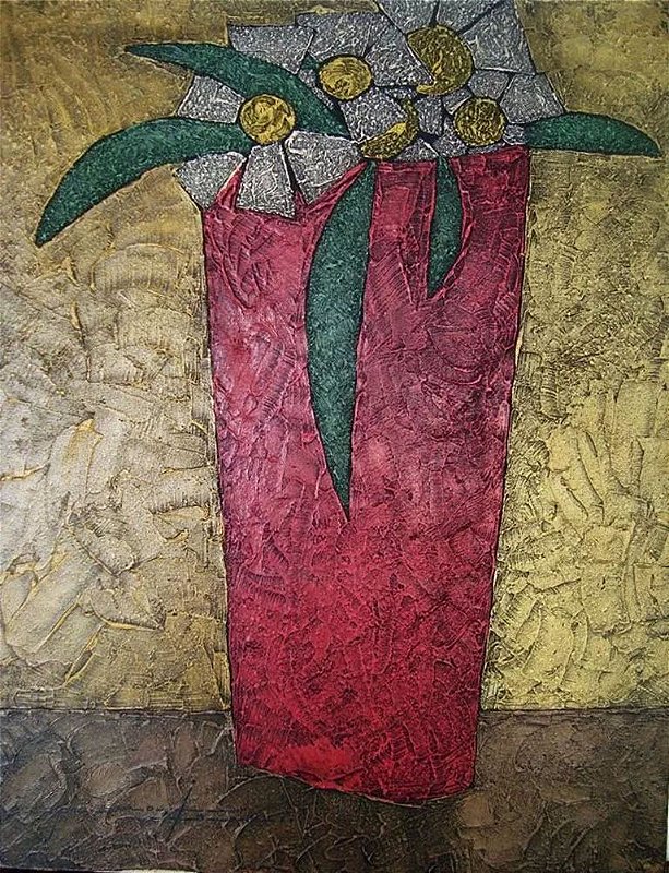 Lima Júnior - Quadro, Arte em Pintura, Assinado, Óleo sobre Tela Texturizado, Vaso com Flores