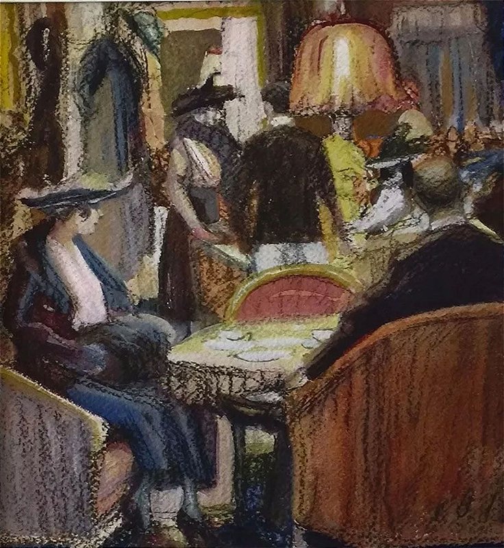 Lesser Ury  - Quadro, Arte em Pintura, Técnica Mista, Pastel e Aquarela, Série Cafés