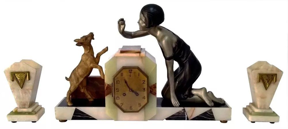 Antigo Garniture com Relógio Art Déco, Detalhes em Bronze e Montagem em Mármores Italianos