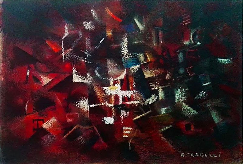 R. Fragelli - Quadro, Arte em Pintura, Óleo S/ Papel, Assinada, Cubismo Futurista, 1974