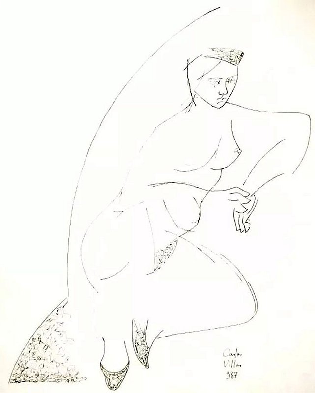 Carlos Villar - Quadro, Arte em Desenho Original a Nanquim, Nu Feminino, Assinado,  1987