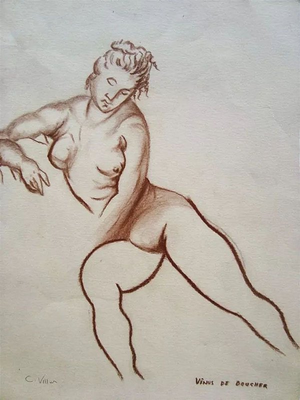 Carlos Villar - Quadro, Arte em Desenho Assinado, Crayon, Vênus de Boucher