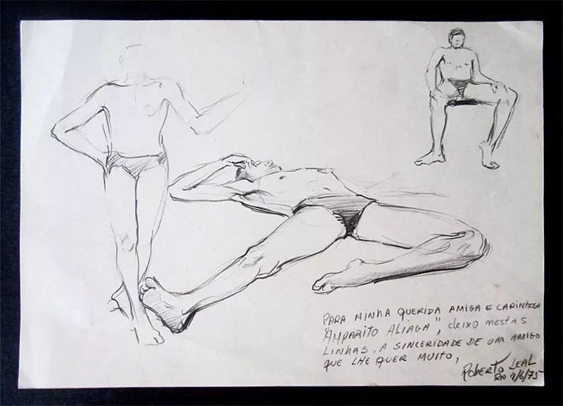 Roberto Leal - Quadro, Arte em Desenho a Lápis, Assinado com Dedicatória, Figuras Masculinas, 1975